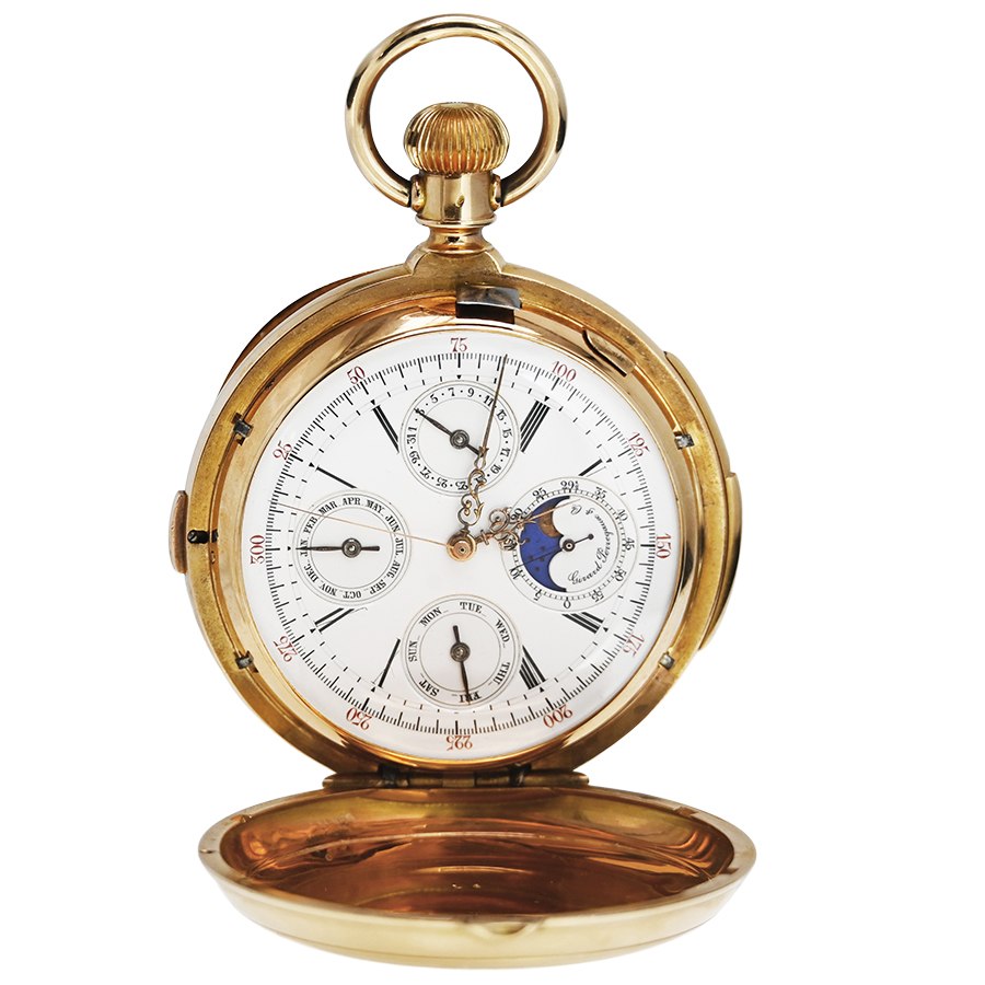 Dial and open front hunter case of the Girard-Perregaux triple complication pocket watch