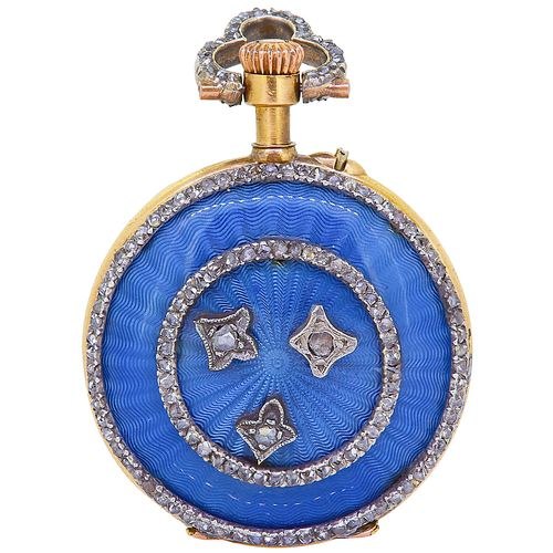 Back view of the 18 ct gold case showing blue guilloché enamel and diamond embellishments