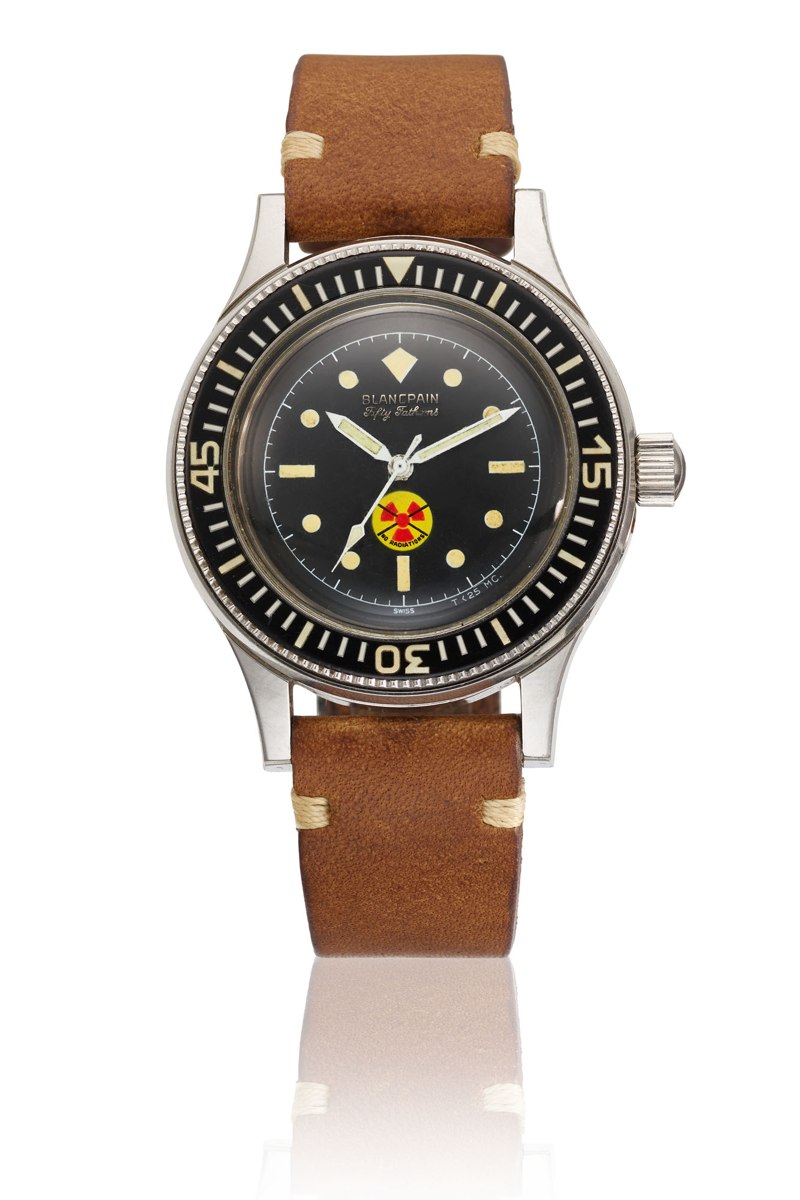 Front view of the Blancpain Fifty Fathoms Ref. RPG 1 diver's wristwatch with 'No Radiations' dial