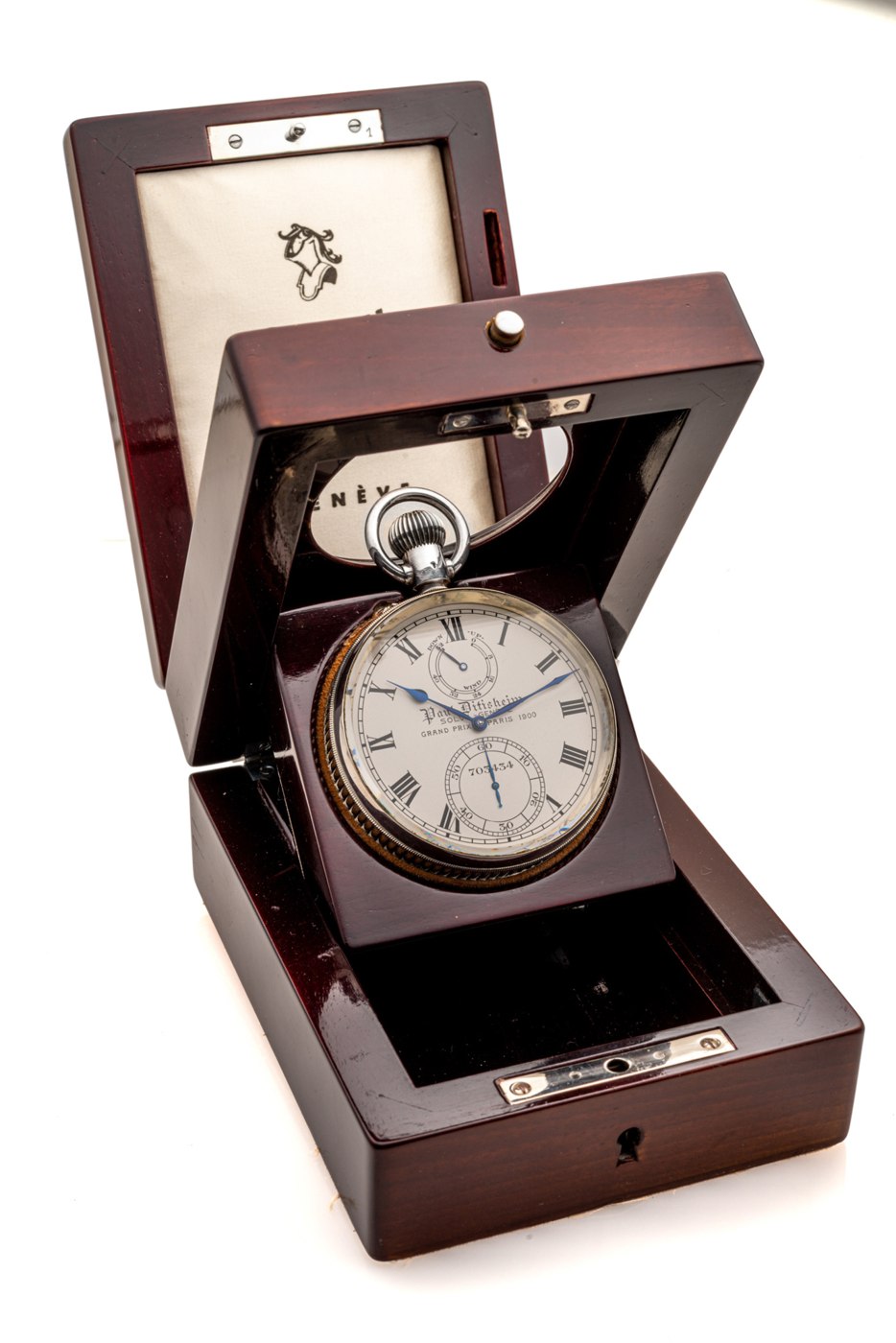 Front view of the Paul Ditisheim deck chronometer inside its fitted box.