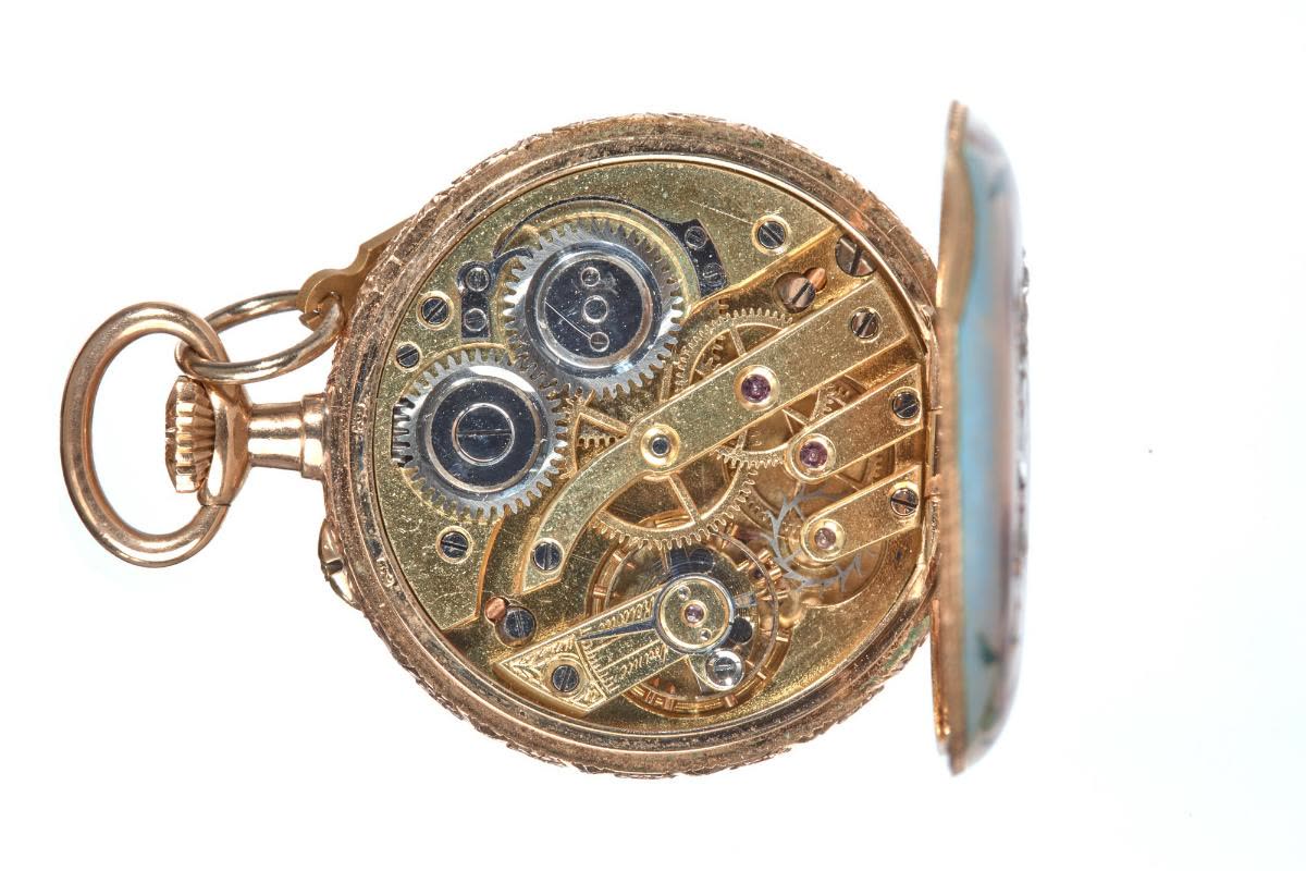Gold case covered with translucent enamel, with painted decoration representing a water lily at the center and reeds at the sides (MIH I-2755)