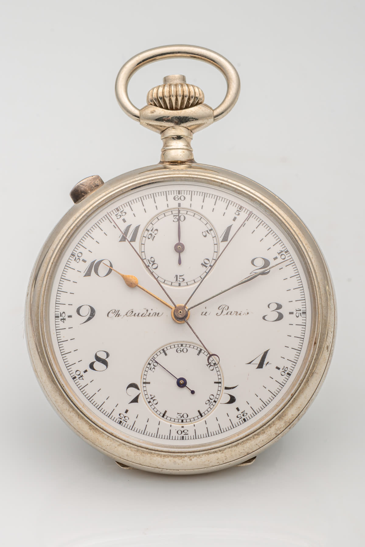 Front view of the Ch. Oudin split-seconds chronograph pocket watch showing dial layout and push-piece