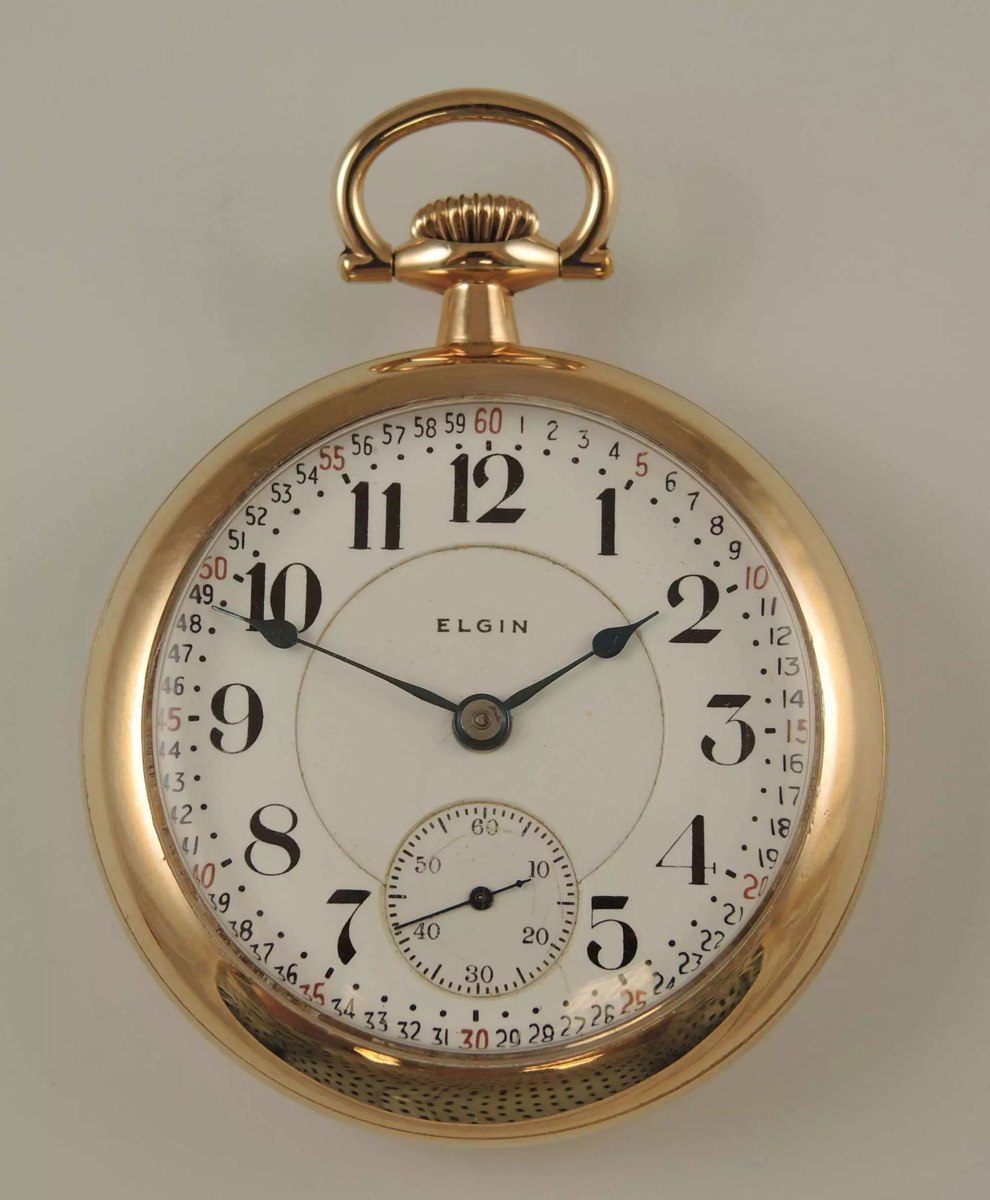 Front view of the Elgin open-face pocket watch showing the white Montgomery dial and blued steel hands