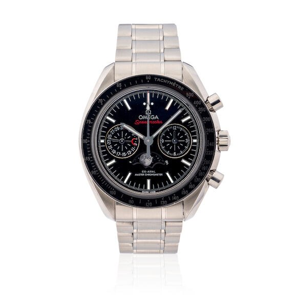 Front view of the Omega Speedmaster Moonphase stainless steel chronograph wristwatch