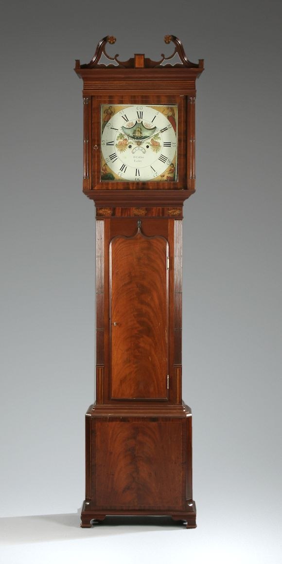 Full front view of the David Collier inlaid mahogany longcase clock