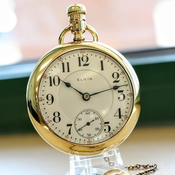 Front view of Elgin 18s Grade 349 open-face pocket watch