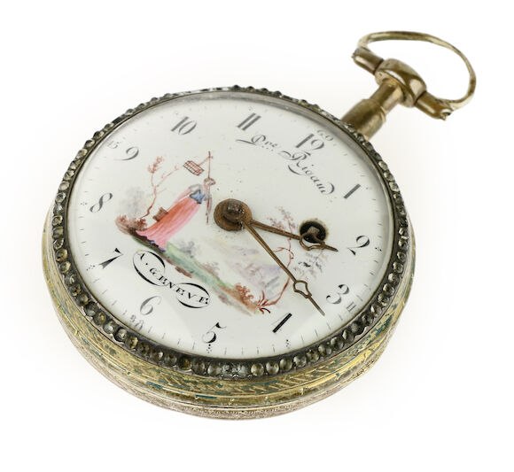 Oblique front view showing dial with pastoral scene, hands, and stone-set bezel