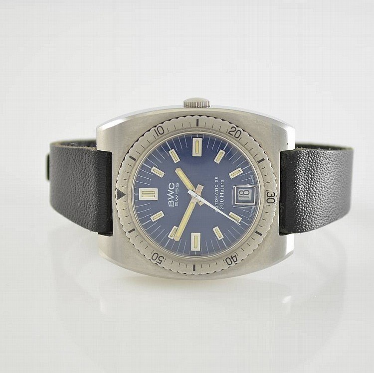 BWC automatic wristwatch with cushion case, calibrated rotating bezel, blue dial, and black strap