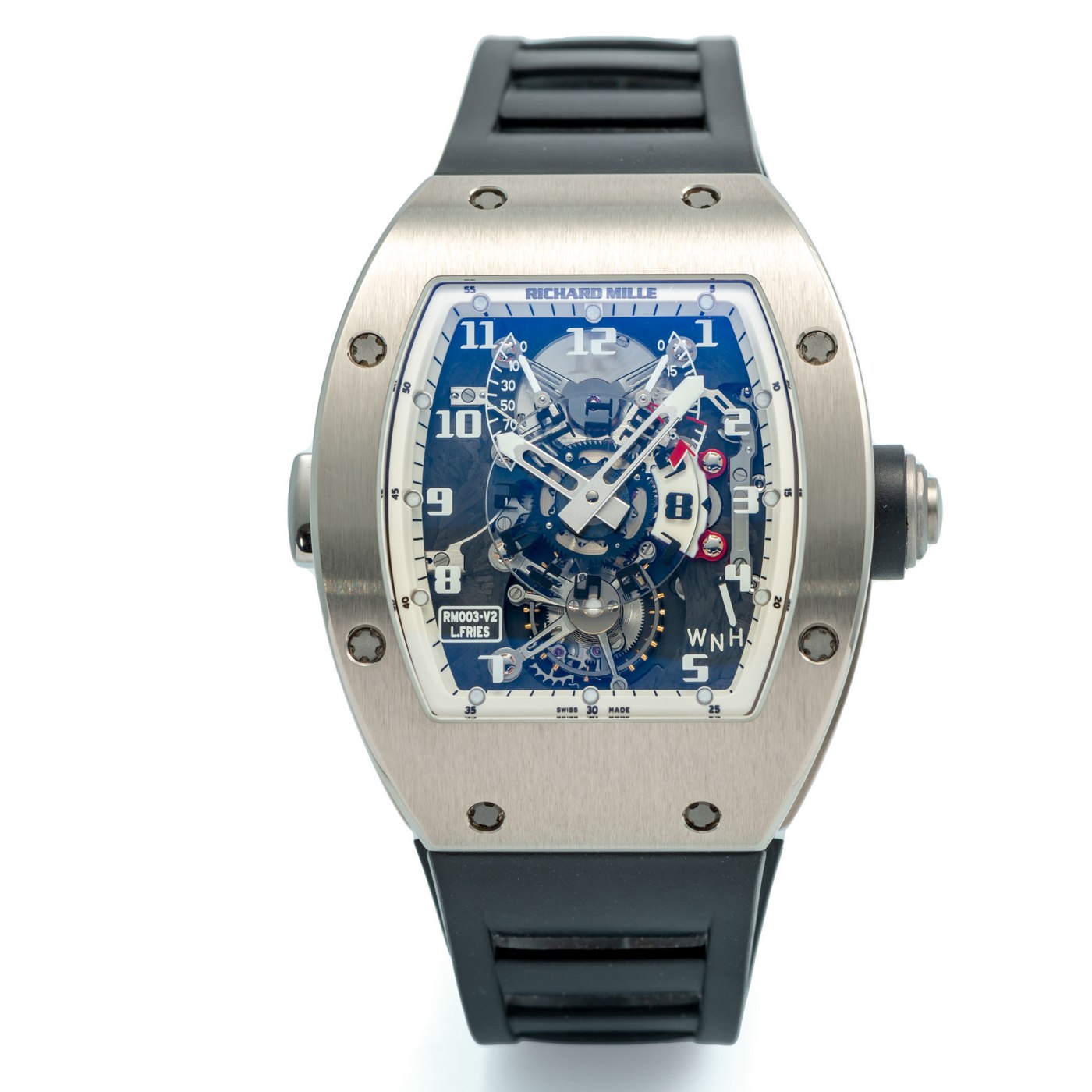 Front view of the Richard Mille RM 003-V2 L. Fries Edition showing the transparent dial, tourbillon, and crown selector display.