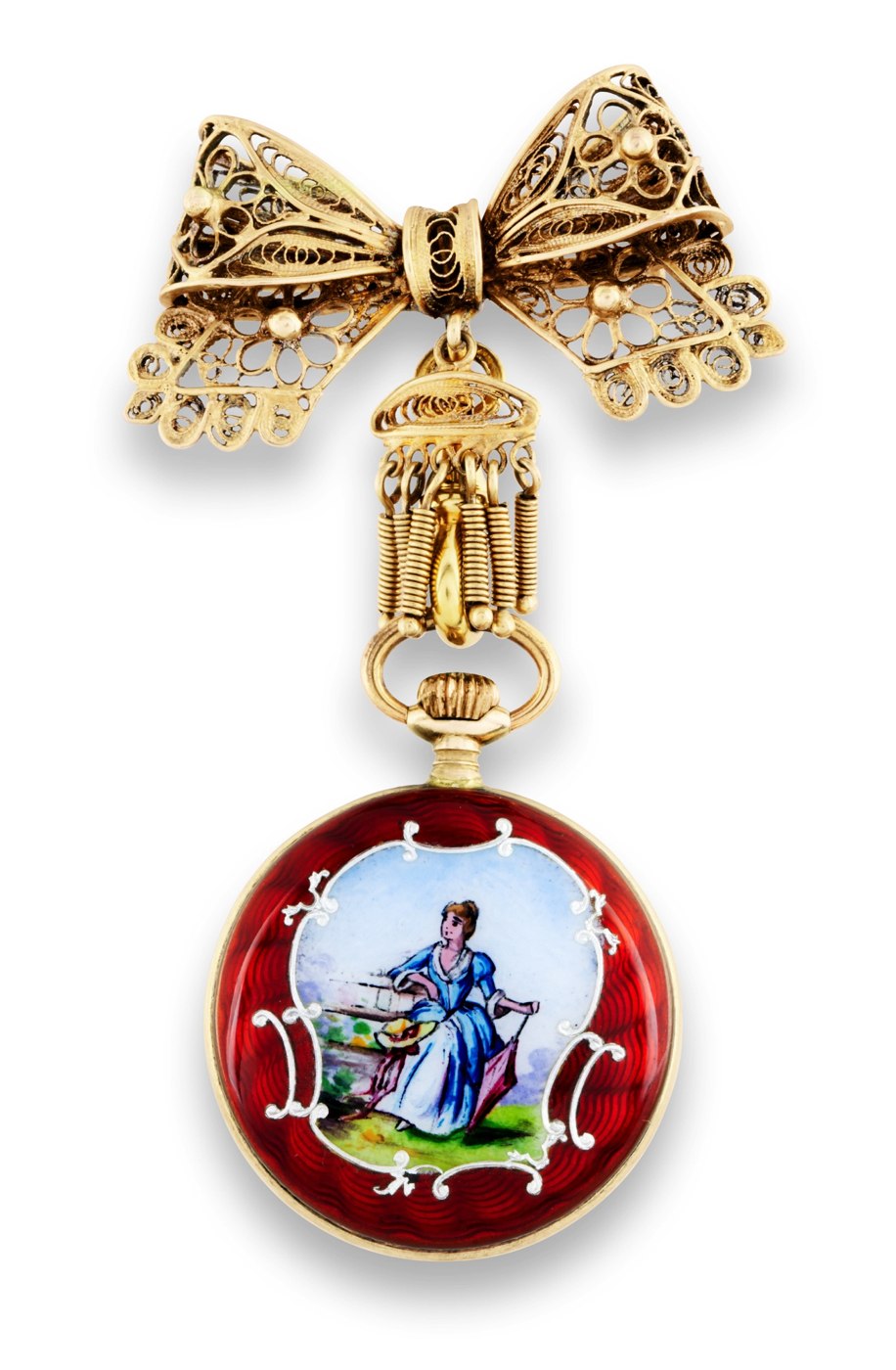 The Swiss lady's pendant watch, showing the case back enamel decoration and the filigree brooch.
