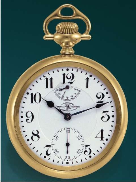 Front view of the Ball Watch Co. Railroad Grade pocket watch showing the white enamel dial and up/down indicator