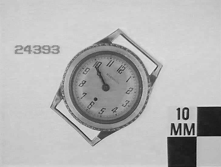 The watch features a rotating, foliage-patterned bezel for setting the time and a red indicator above the six o'clock marker.