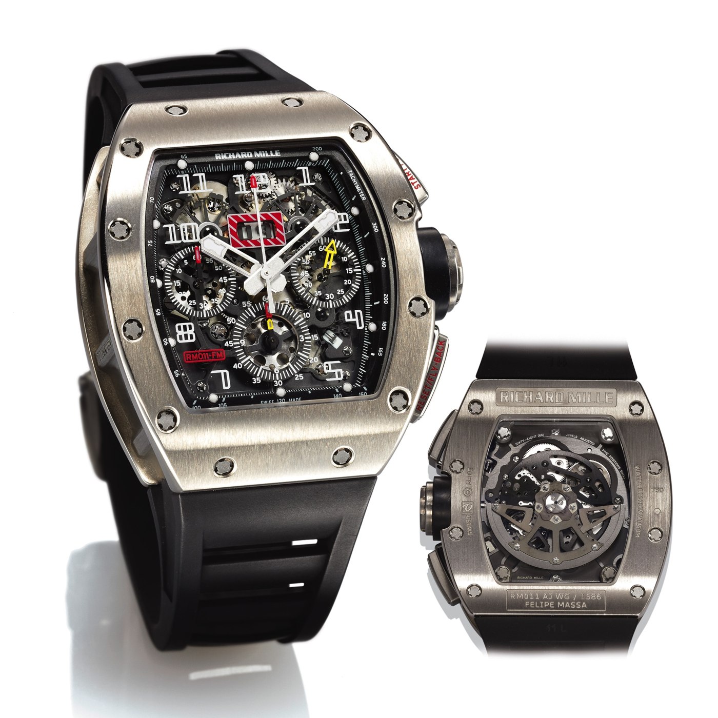 Front view and exhibition case back of the Richard Mille RM011 Felipe Massa fly-back chronograph.