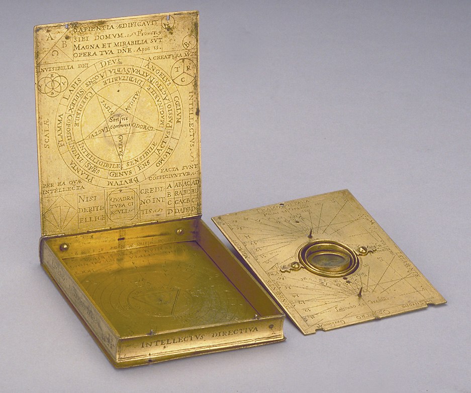 Horizontal dial in the form of a hinged book, signed by Carlo Plato, 1593, showing the opened covers and interior brass plate.