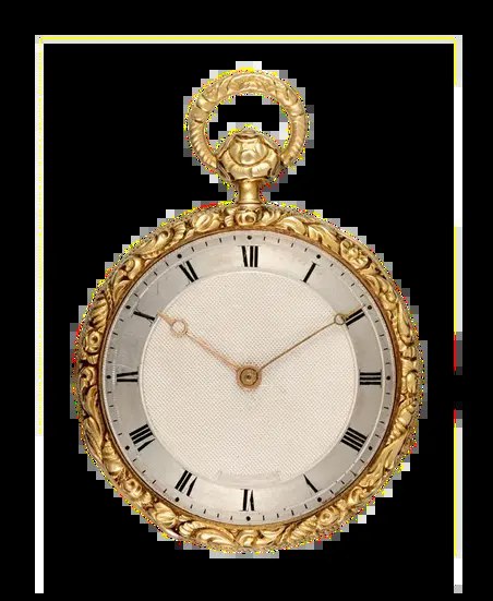 Front view of an open-face pocket watch featuring an engine-turned dial and an intricately chased gold bezel