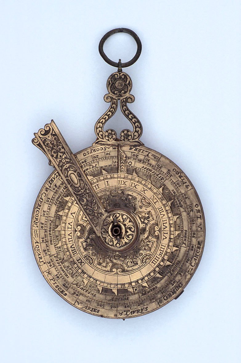 The nocturnal face of the instrument featuring a zodiacal calendar, month scales, and an index arm with foliate decoration.