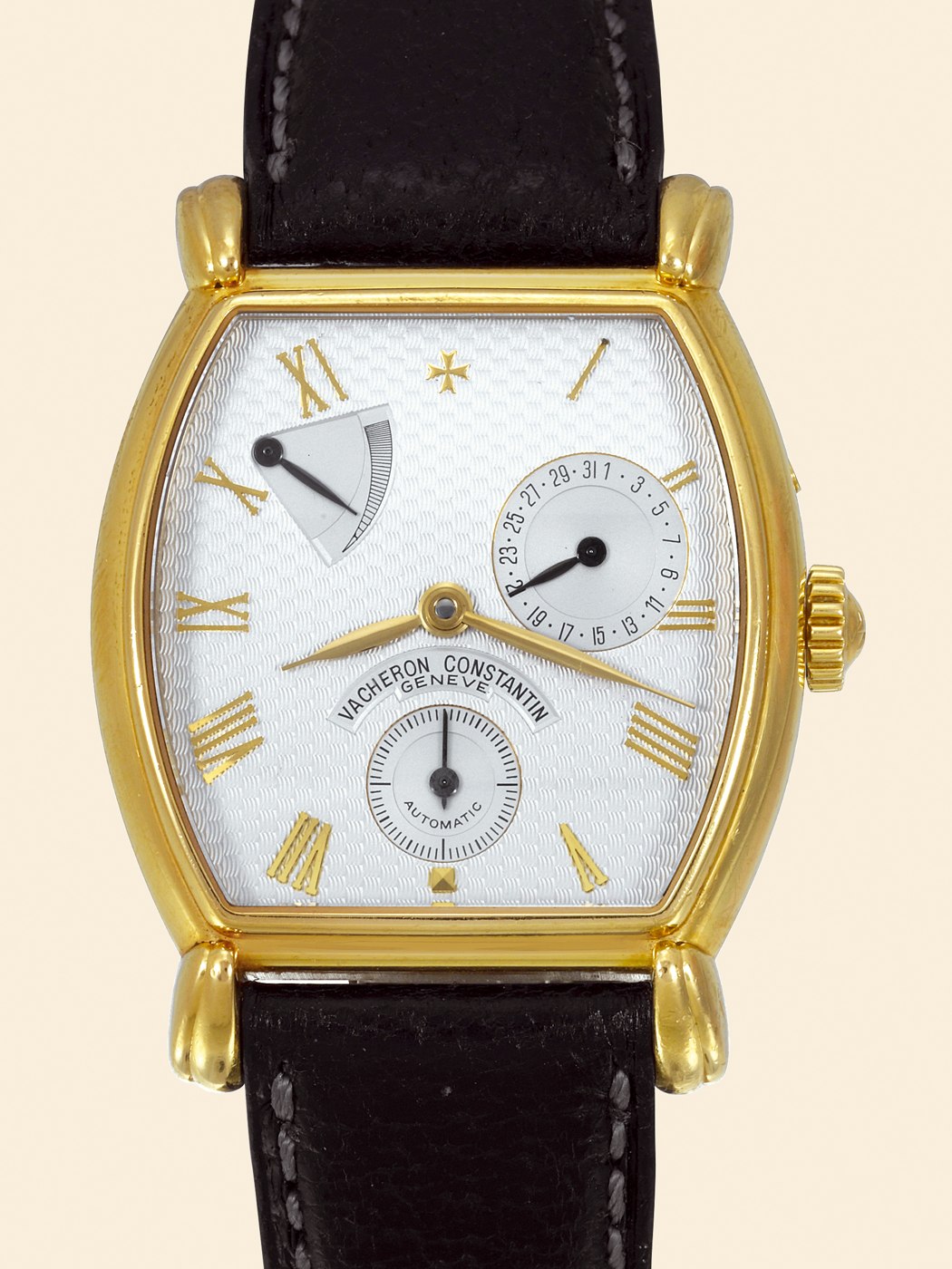Front view of the Vacheron Constantin Jubilee 240 watch with guilloché dial and power reserve indicator.