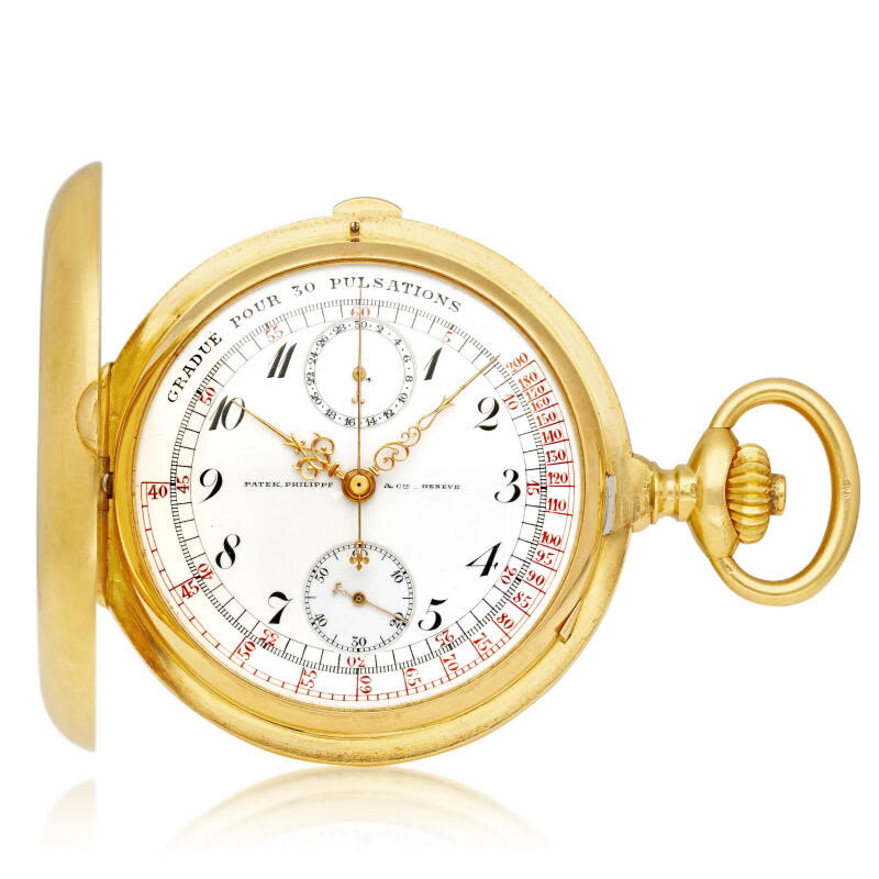 Patek Philippe yellow gold hunting case single button chronograph pocket watch with white enamel pulsation dial, circa 1912