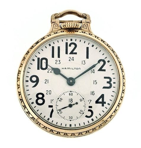 Dial and front bezel view of the Hamilton 950B pocket watch