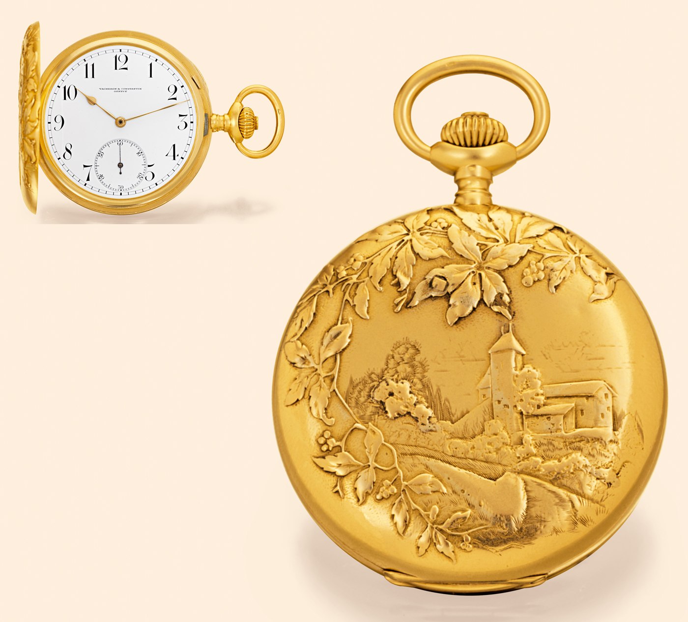 Front view showing the white enamel dial and an angled view showing the relief-carved front cover.