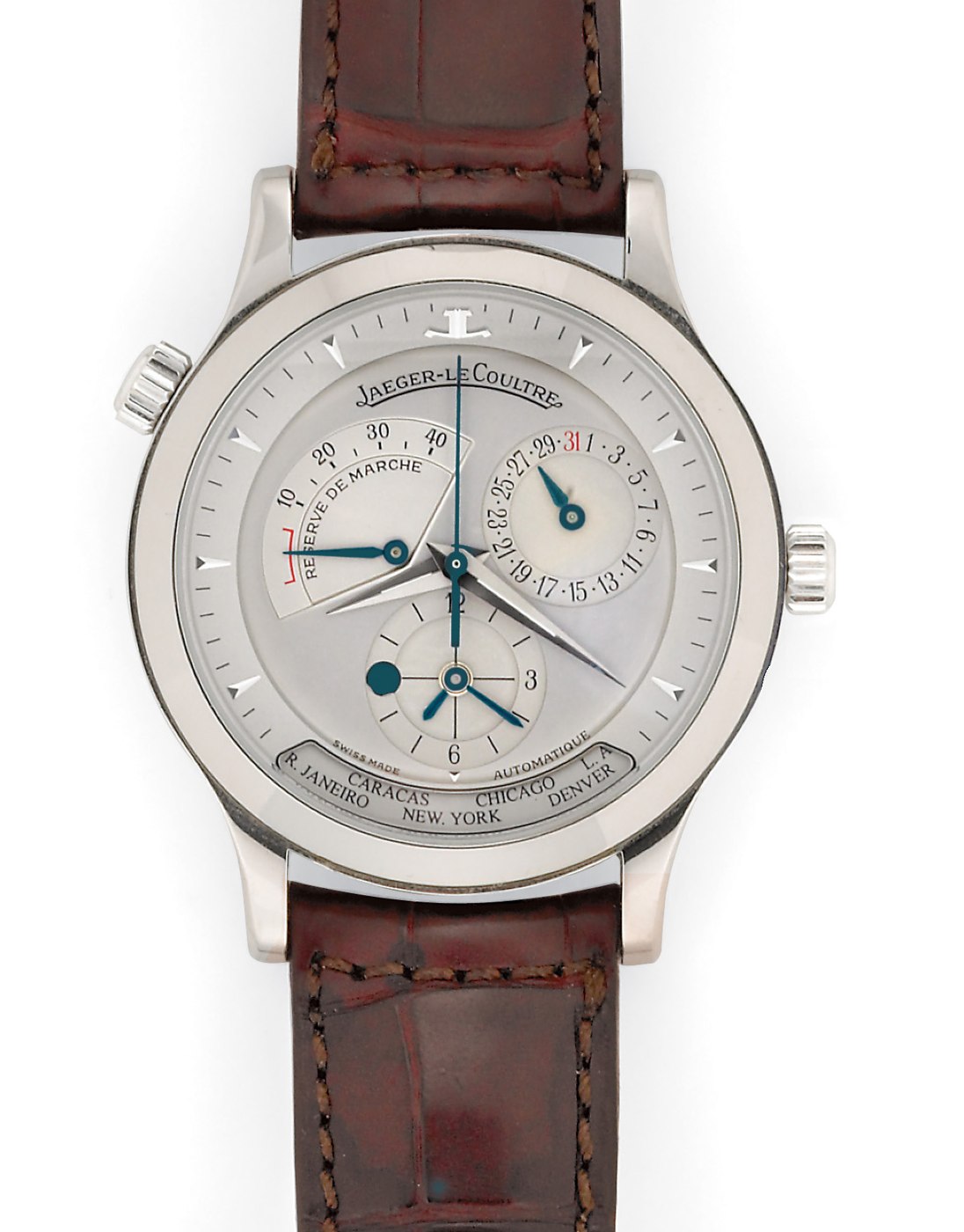 Front view of the Jaeger-LeCoultre Master Control Géographique wristwatch showing the dial, hands, and leather strap.