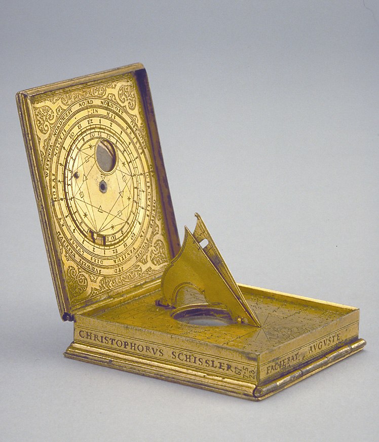 Side view of the astronomical compendium showing the open leaves and the adjustable polar gnomon.