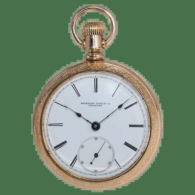 Front view of Rockford yellow gold-filled open-faced pocket watch, dated 1886