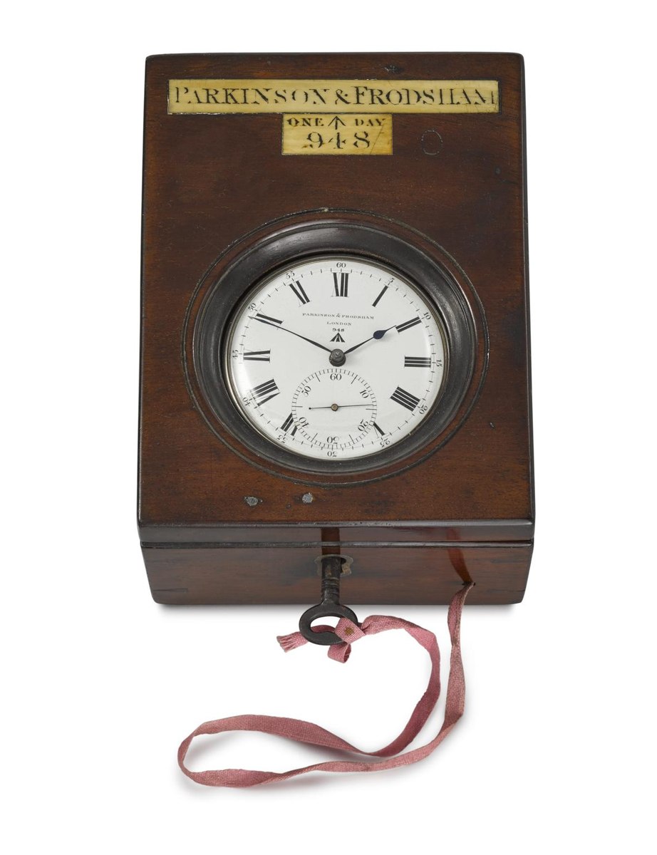 Top view of Parkinson & Frodsham deck-watch No. 948 mounted in its mahogany case with key