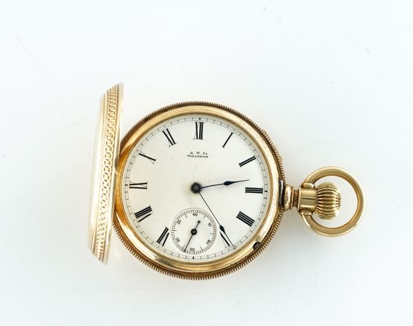 Dial view of the American Watch Co. Waltham 14k gold hunter-cased pocket watch with open front lid