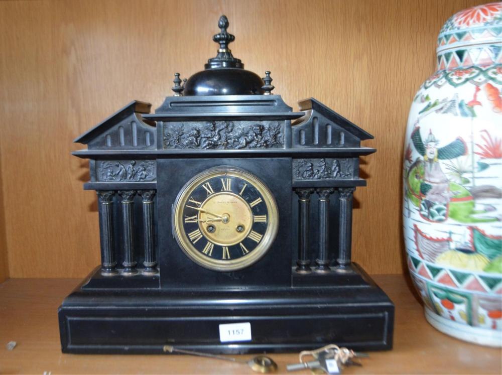 Front view of the Belgian slate architectural mantel clock with key and pendulum