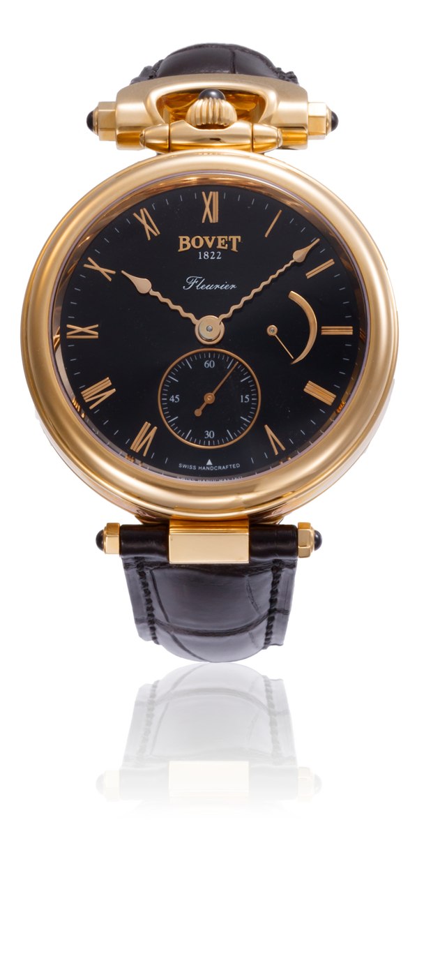 The Bovet Amadeo Haute Horlogerie reference AF43003, featuring a black enamel dial and 18k pink gold case.