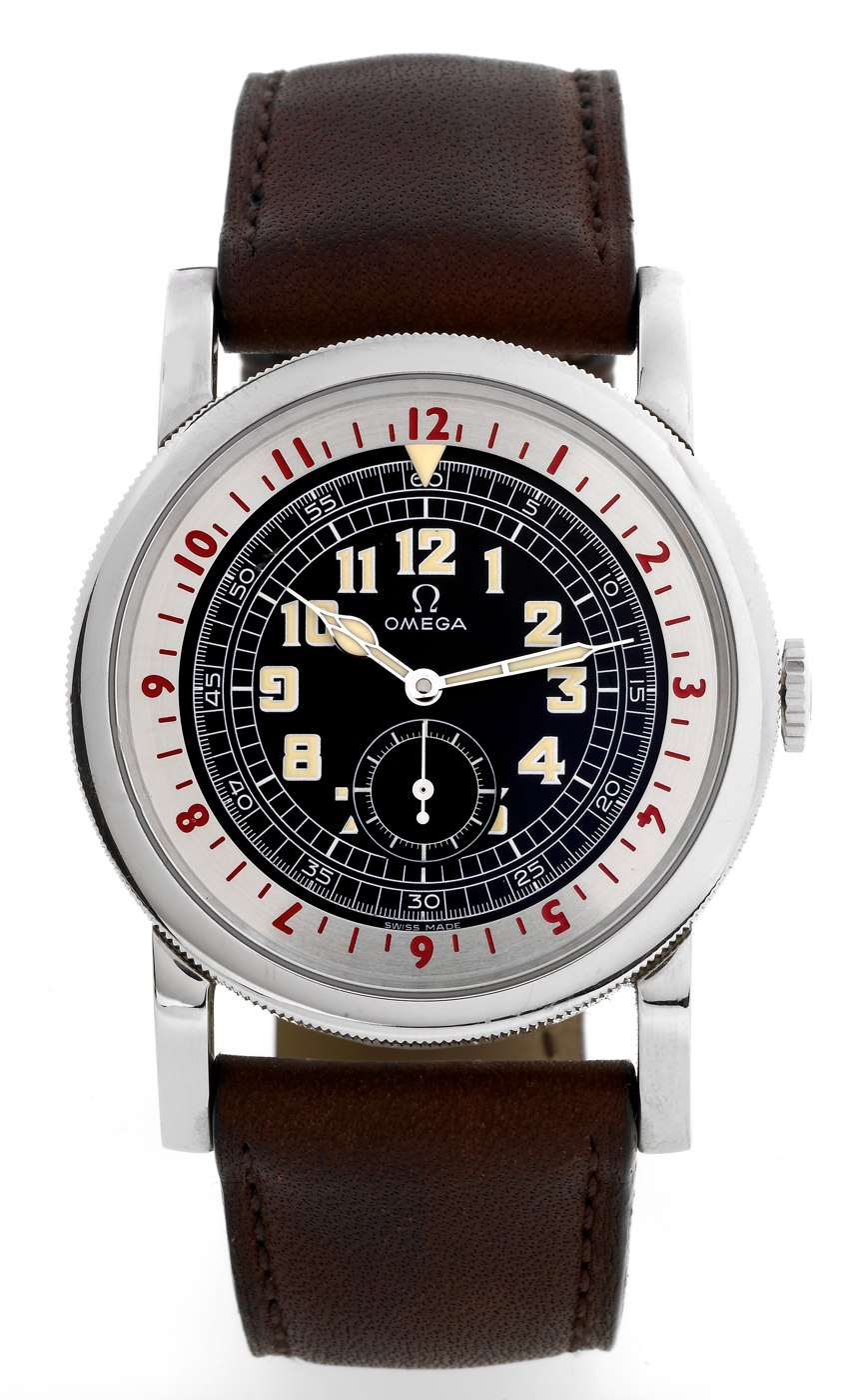 Front view of the Omega Pilot's Watch showing the black dial, revolving silvered ring, and serrated bezel.