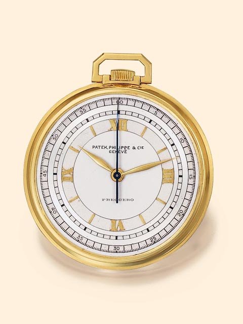 Front view of the 18K gold Patek Philippe center-seconds pocket watch, showing the silver two-tone dial with Roman numerals and the 'FRECCERO' signature.