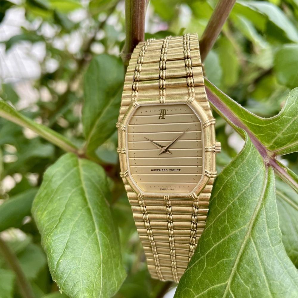 Front view of the Audemars Piguet Bamboo wristwatch in 18k gold.
