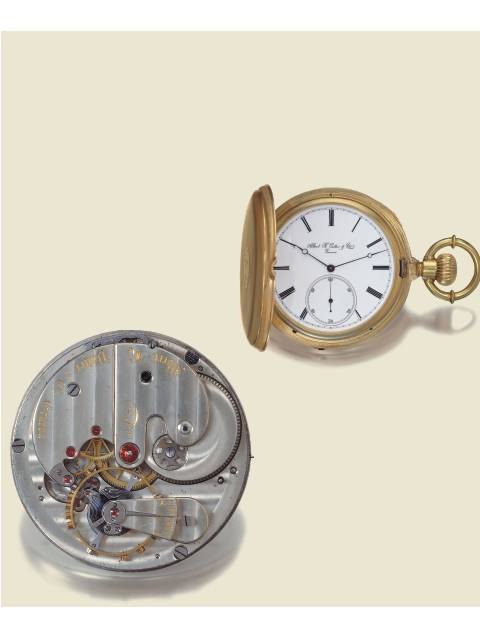 18K gold hunting-cased pocket chronometer No. 41 by Albert H. Potter & Co. with its movement visible.