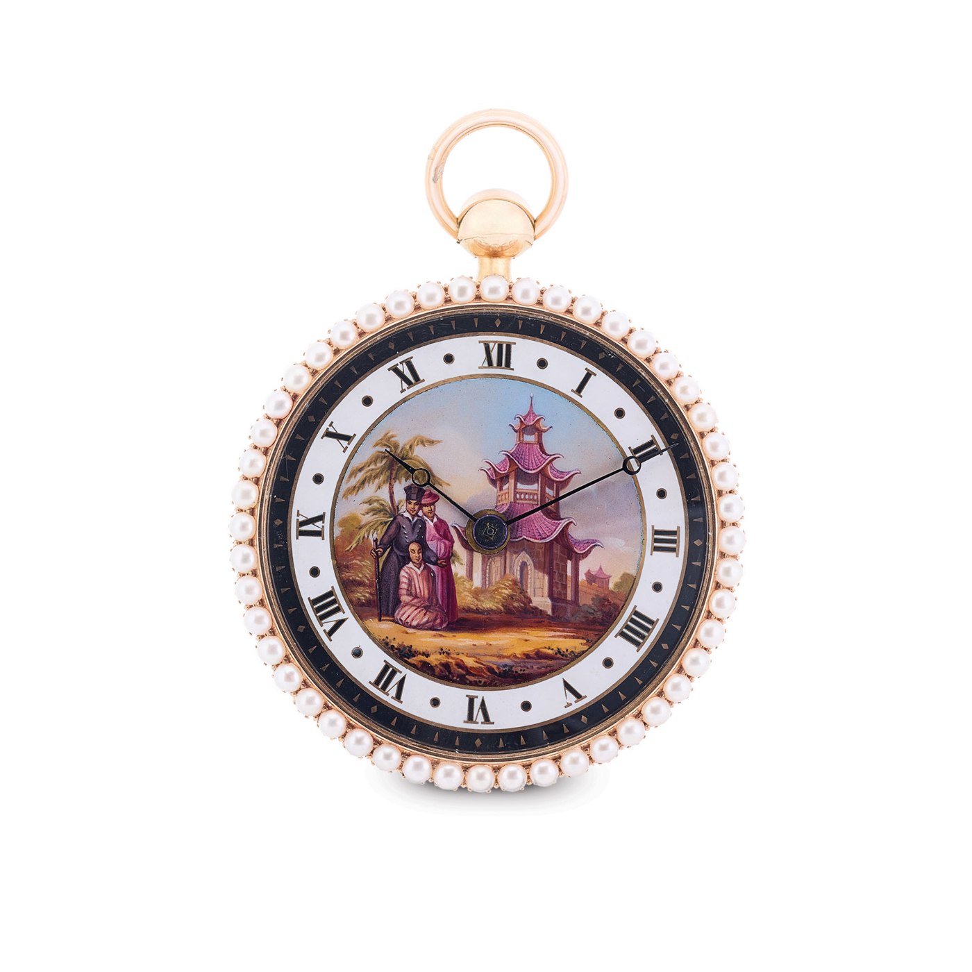 Front view of the unsigned pocket watch showing the enamel dial painting and pearl-set bezel.