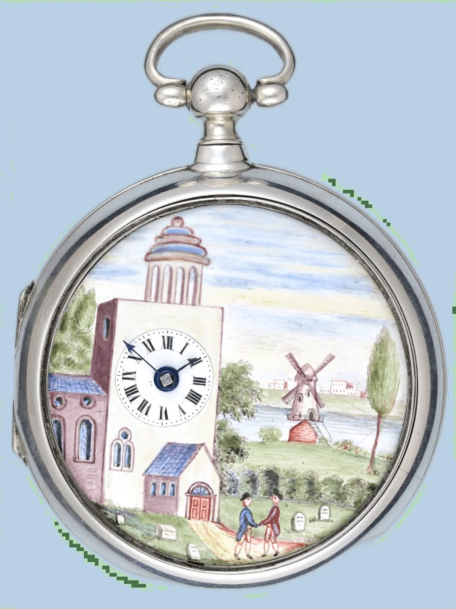 Dial view of the Sims & Son silver pair cased verge pocket watch with painted churchyard and windmill scene