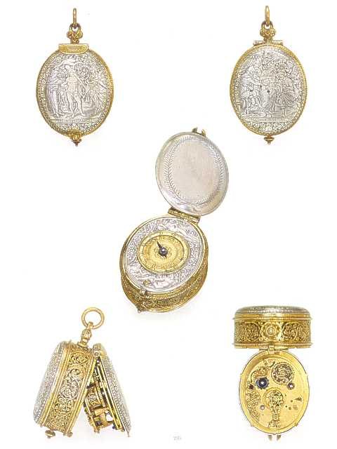Five views of the Pierre Combret watch showing the engraved covers, the open dial, the side band detail, and the movement.