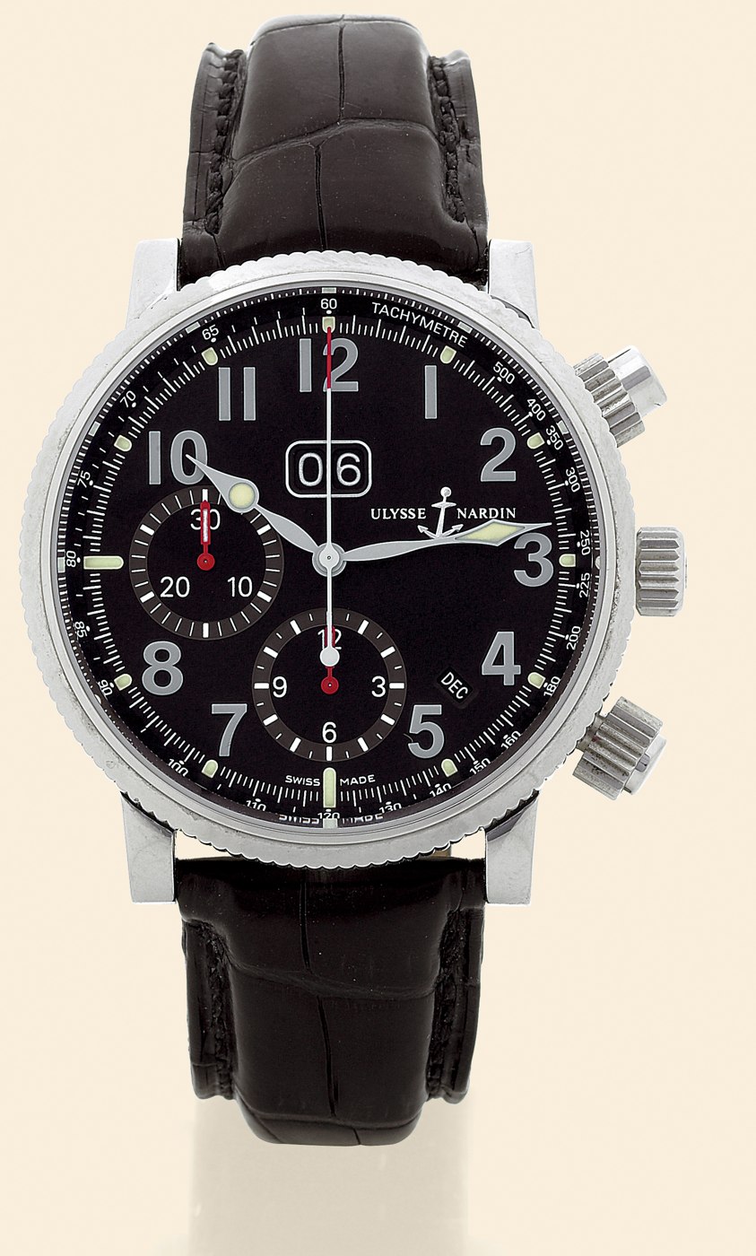 Ulysse Nardin Marine Chronograph reference 513-22 in stainless steel, featuring a black dial with chronograph sub-dials, date, and month apertures.
