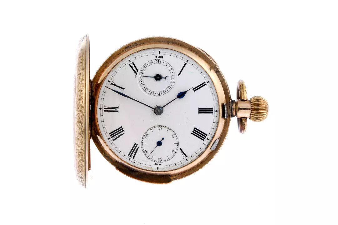 Dial and open front cover of the 9K rose metal full hunter quarter repeater pocket watch