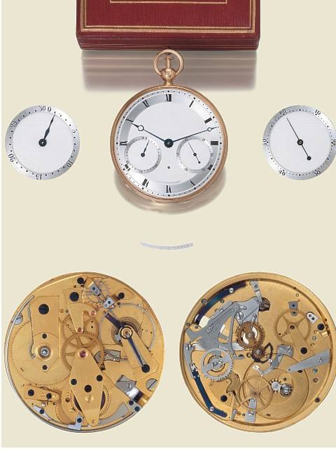 Frontal view of the Breguet pocket chronometer, movement components, and presentation box.