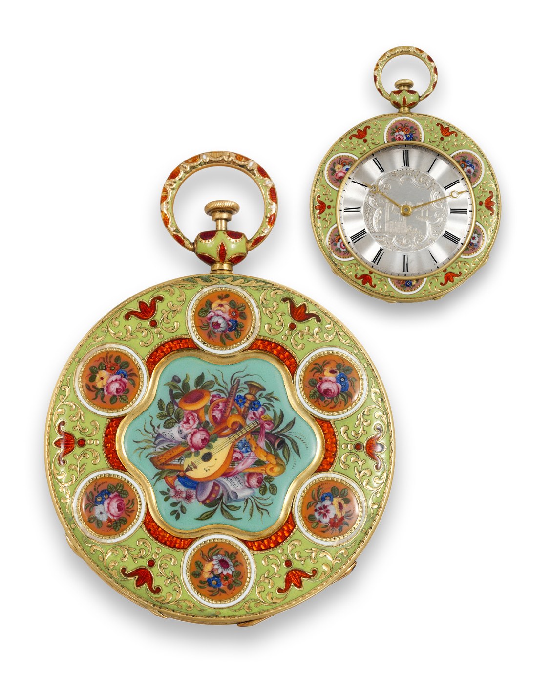 The obverse of the watch showing the silver dial and the reverse showing the enamel trophy decoration.