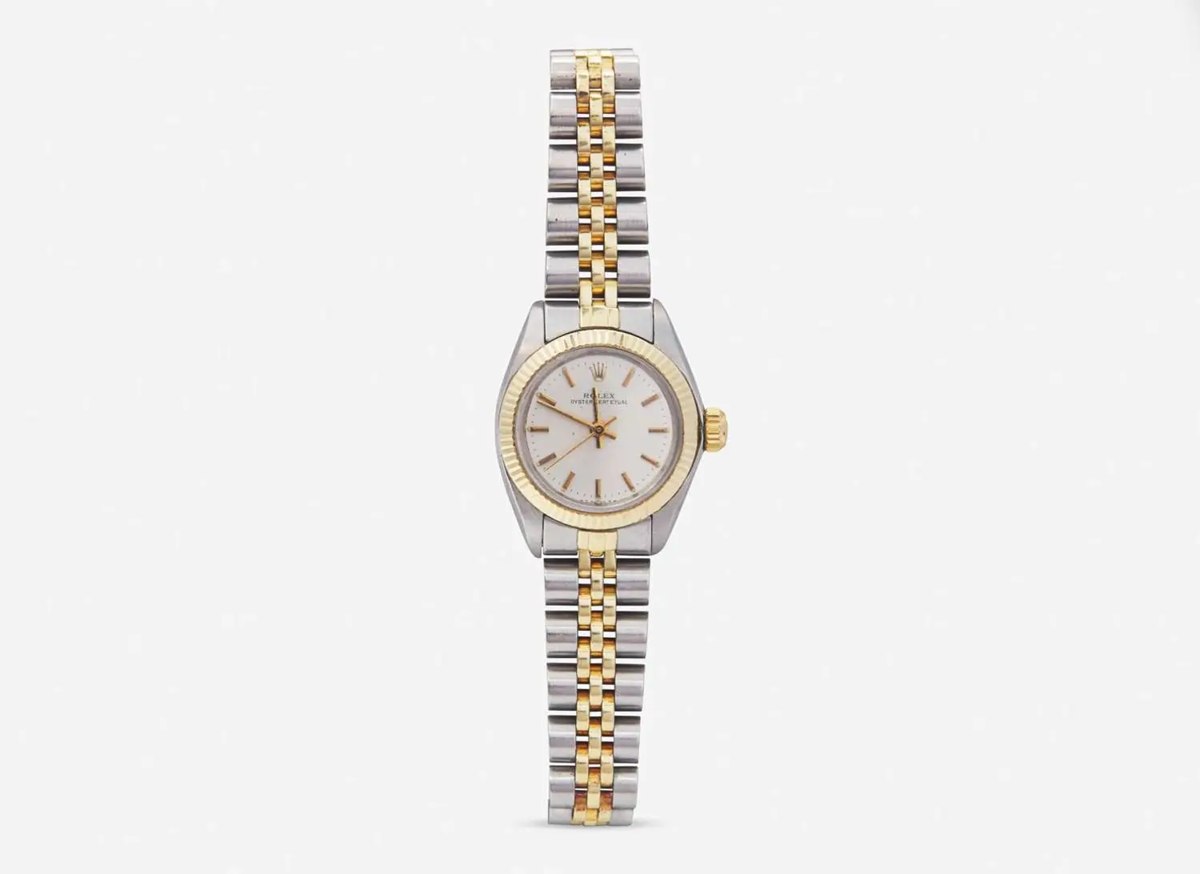 Frontal view of the ladies two-tone Rolex Oyster Perpetual wristwatch on a Jubilee bracelet
