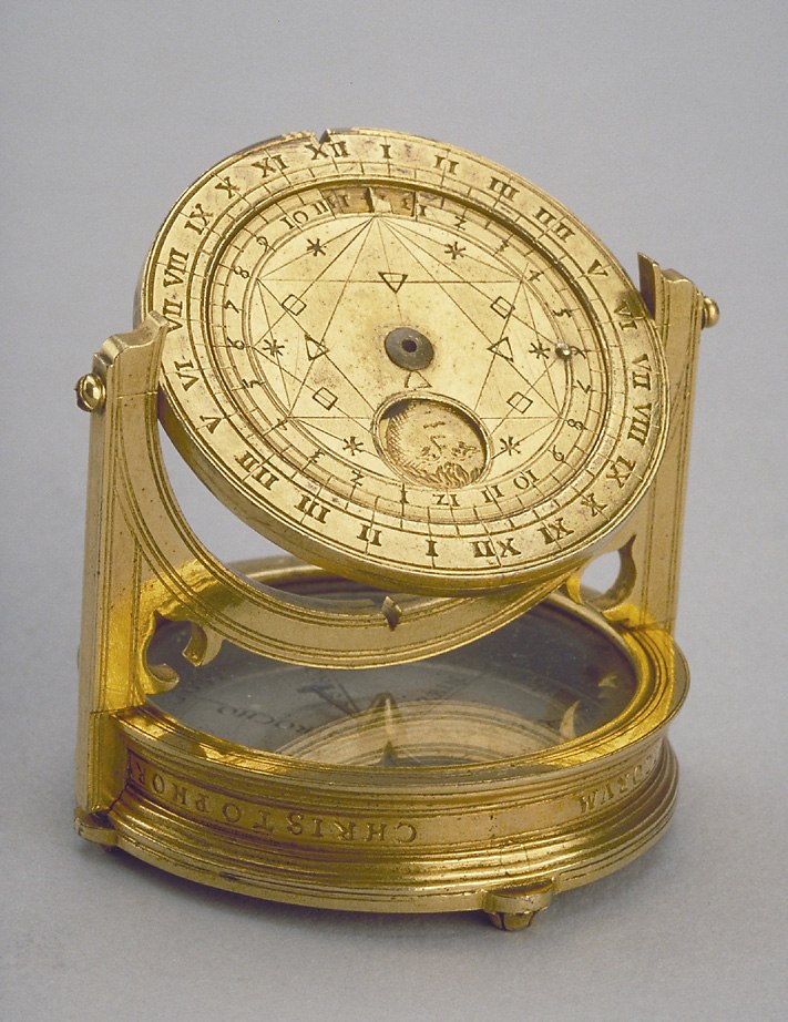 Gilt brass equinoctial dial by Christoph Schissler, circa 1570, showing the rotating moon phase volvelle.