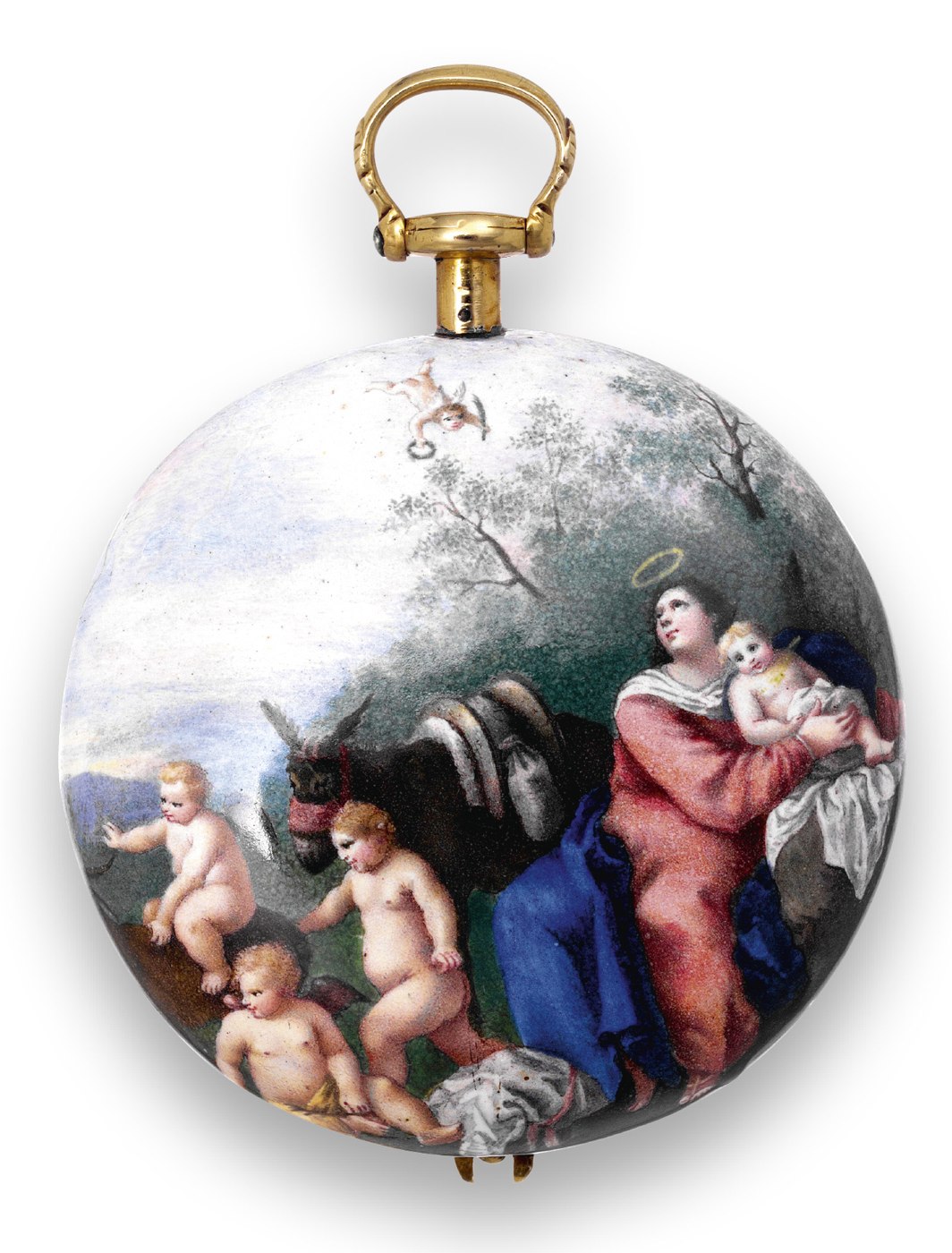 Rear view of the pendant watch showing the painted enamel scene of the Rest on the Flight into Egypt.