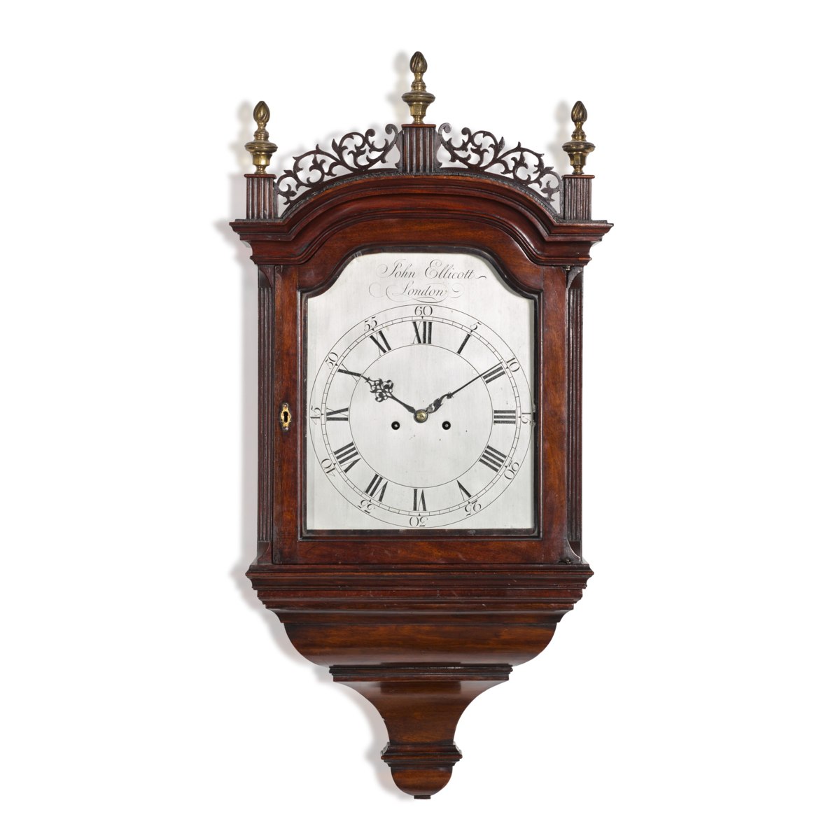 Frontal view of a George III mahogany hooded wall clock by John Ellicott, circa 1760
