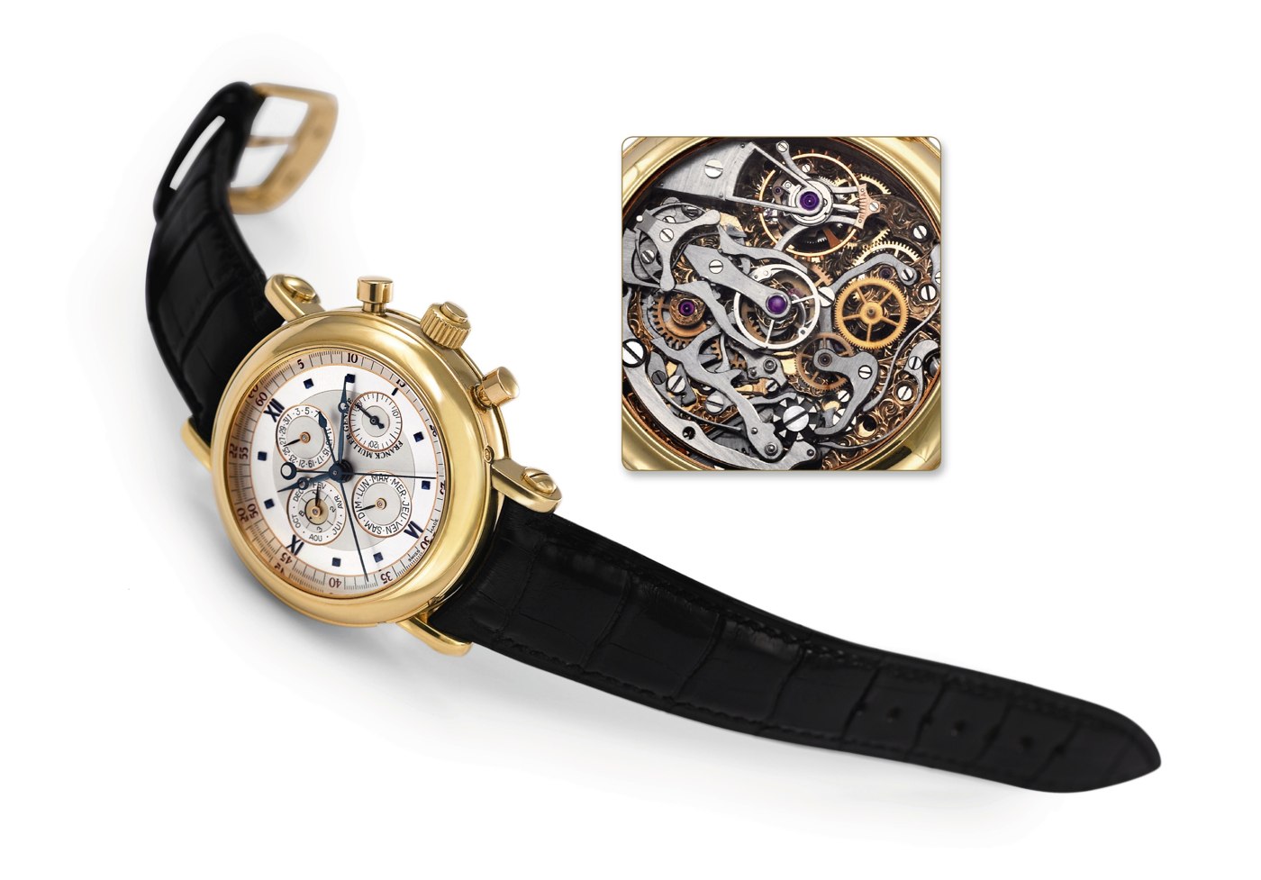 Franck Muller Ref. 1790QTJ perpetual calendar tourbillon rattrapante, with detail of the movement.