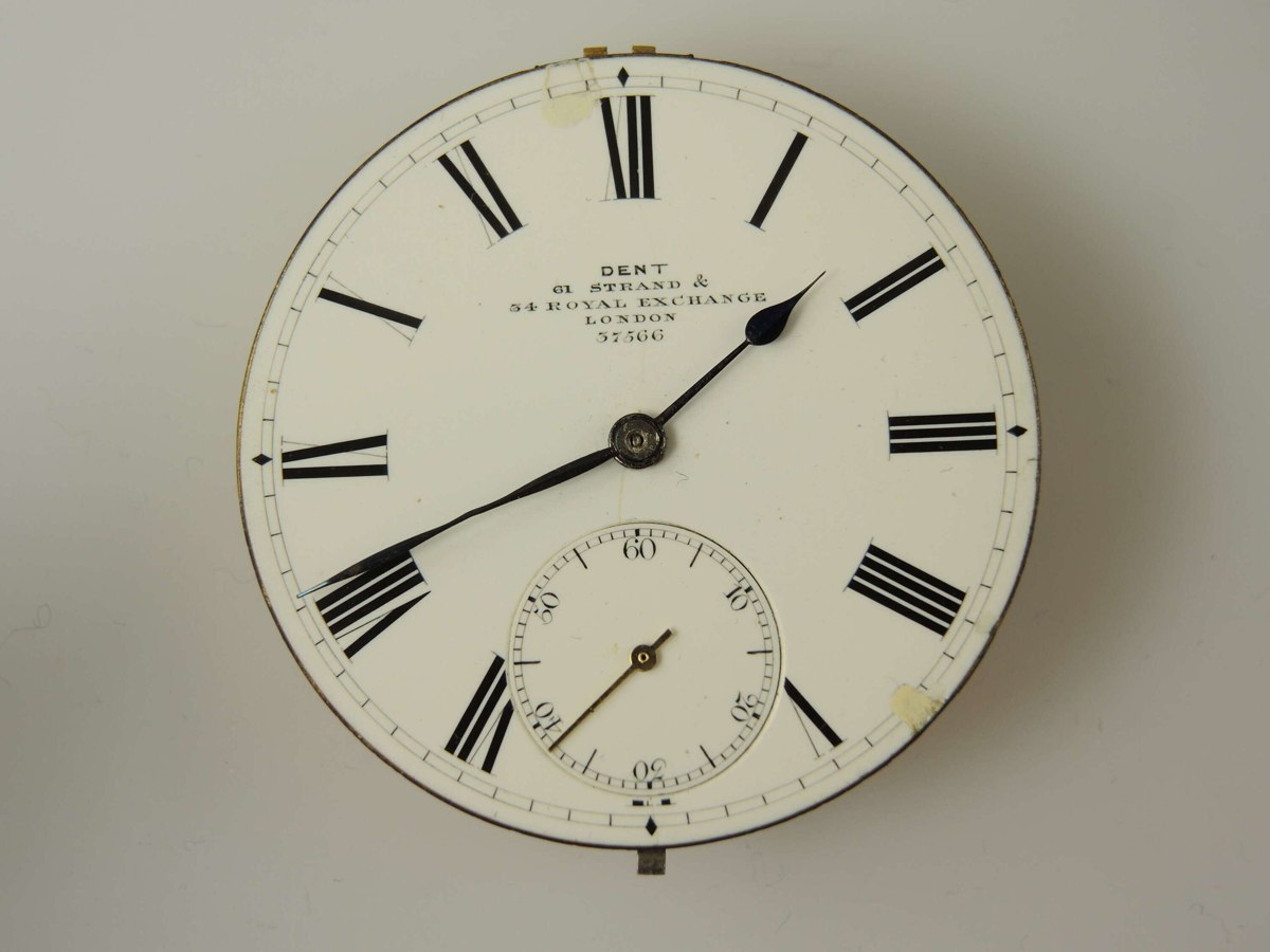 Dial side of the Dent London fusee pocket watch movement showing hands, sub-seconds dial, and serial number 37566