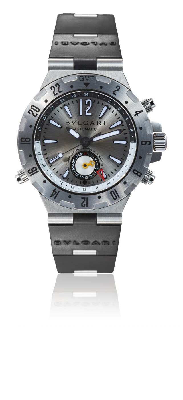 Front view of the Bulgari Diagono Professional GMT 40 S, highlighting the silver sunburst dial, 24-hour bezel, and push-piece layout.