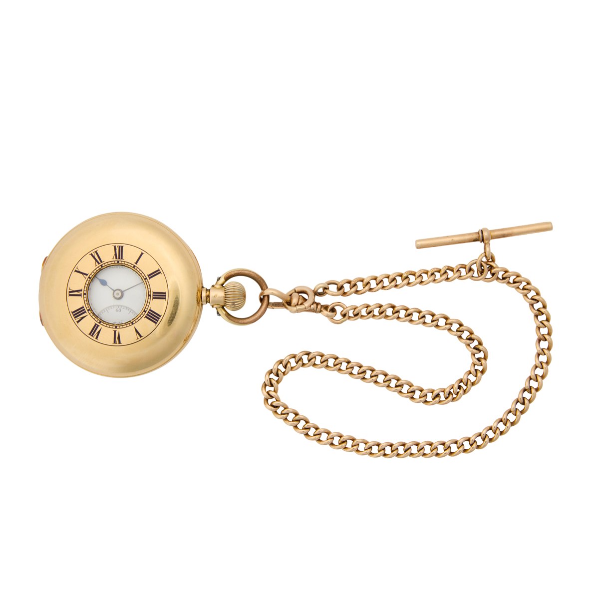 Front view of the closed half-hunter pocket watch showing the enamel chapter ring on the front lid and attached T-bar chain